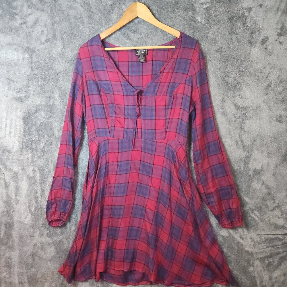 Hot Topic Midnight Hour Burgundy plaid Baby doll dress w/ Pockets XL Tie Front